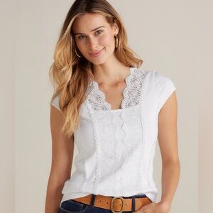 Soft Surroundings Elevated White Cotton Top with Lace & Rib Paneling. Sz M. NWT.
